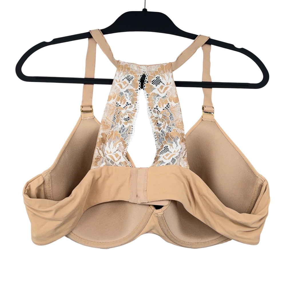 Soma Embraceable Racerback Bra 42C Nude Beige Floral Lace Back Front Close